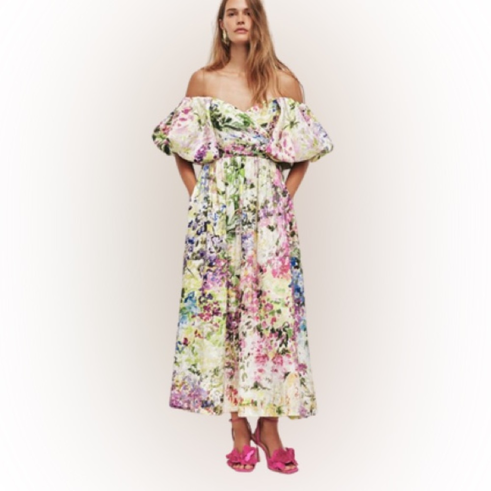 Aje Floral One-Shoulder Puff-Sleeve Maxi Dress in Pink and Green